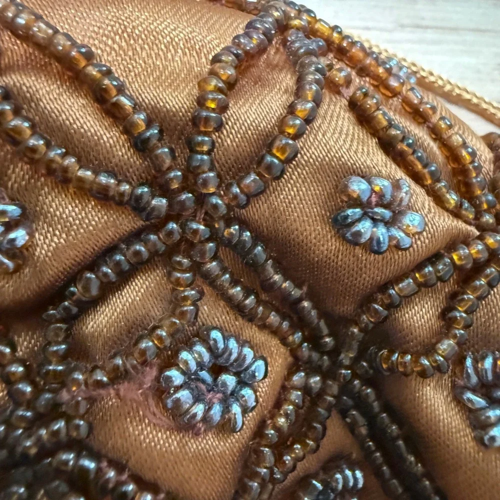 Handmade Indian Potli Clutch Bag Brown Silk Beaded Drawstring Festival BOHO